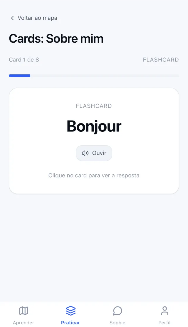 Flashcard da palavra Bonjour com botão de ouvir