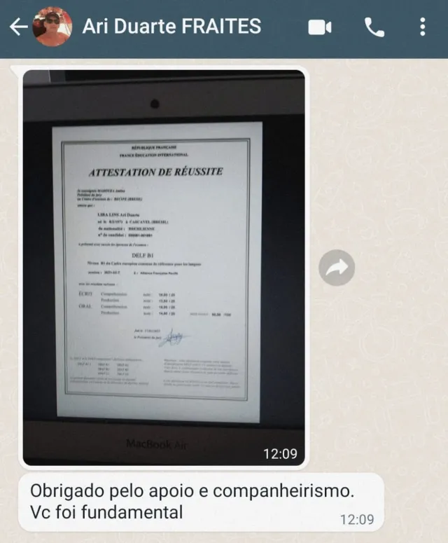 Diploma DELF B1 de Ari Duarte com agradecimento