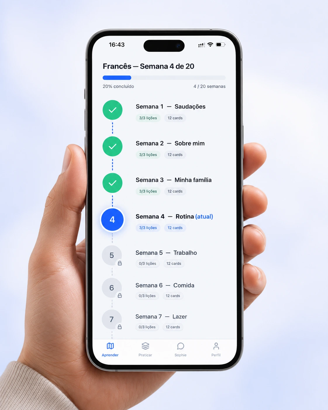 App Fraites: mapa vertical de 20 semanas com paradas concluídas, atual e bloqueadas
